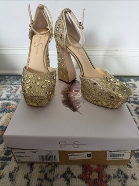Brand New Jessica Simpson Gold Jeweled Platform Block Heels